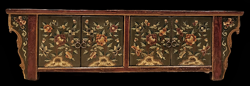 Painted floral motifs on pine wood - 4 doors Tibetan Console cabinet-Ms15804